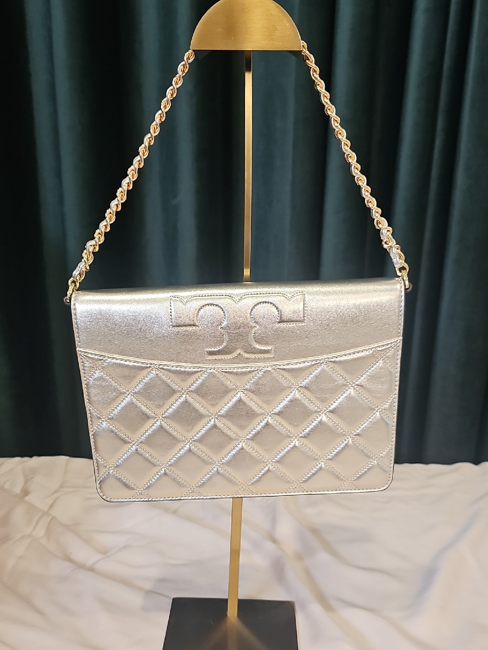 Tory Burch Metallic Gold Quilted Chain-Handle Shoulder Bag/Clutch